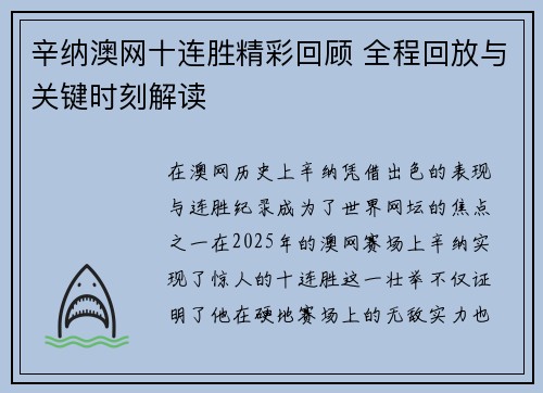 辛纳澳网十连胜精彩回顾 全程回放与关键时刻解读