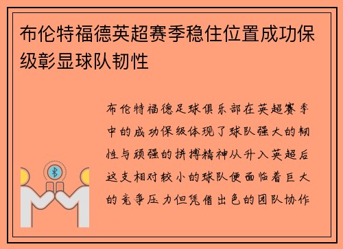 布伦特福德英超赛季稳住位置成功保级彰显球队韧性
